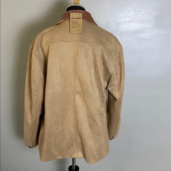Manly Men’s Tan Khaki Suede Blazer Jacket w Leather Accents Zipper Inner Layer M - Picture 8 of 9
